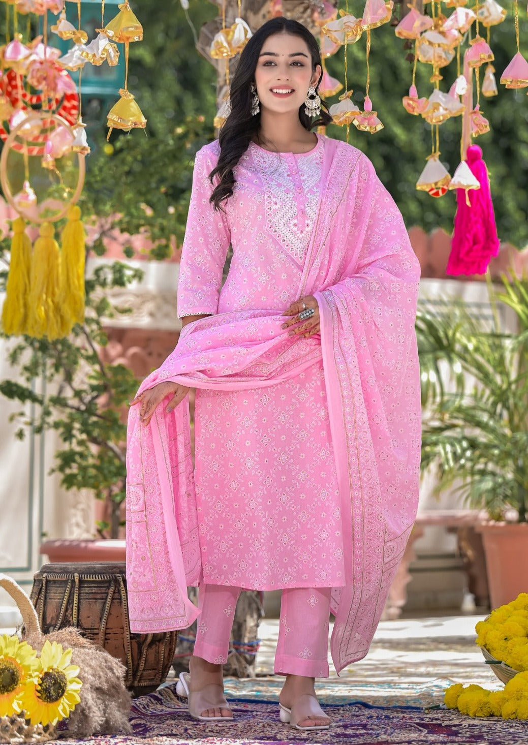 Sweet Pink Cotton Embroidered Suit Set