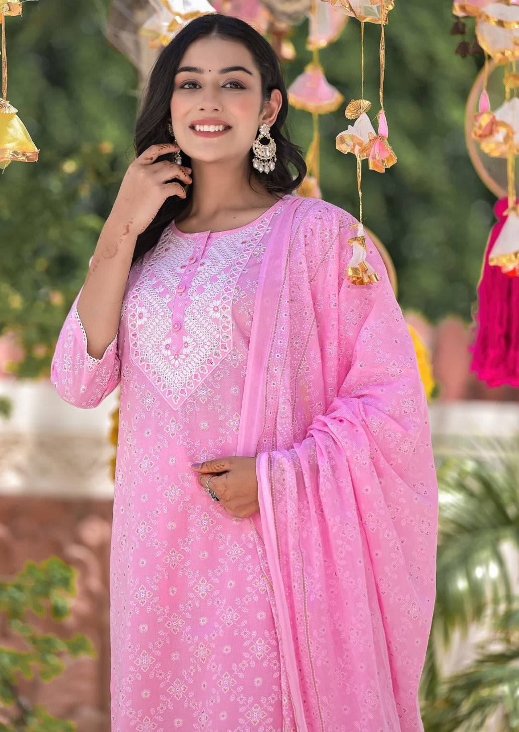 Sweet Pink Cotton Embroidered Suit Set