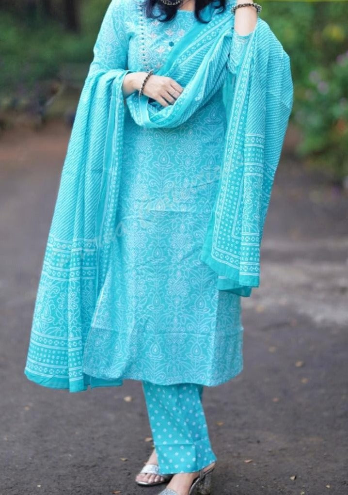 Enthusiastic Sky Blue Straight Kurti Set