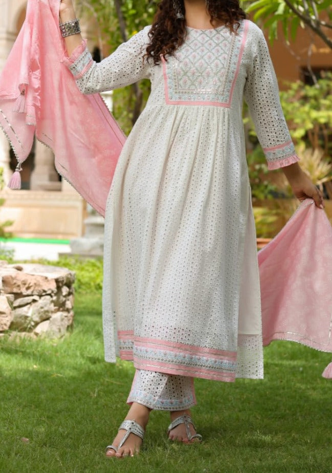 Schiffli Work Kurti Set