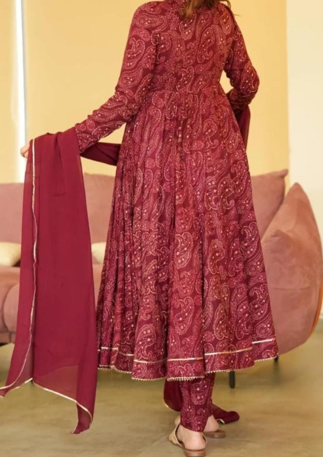 Designer Maroon Jaipuri Anarkali Kurti Set