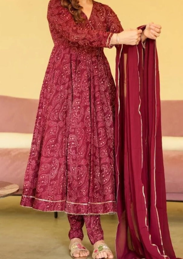 Designer Maroon Jaipuri Anarkali Kurti Set