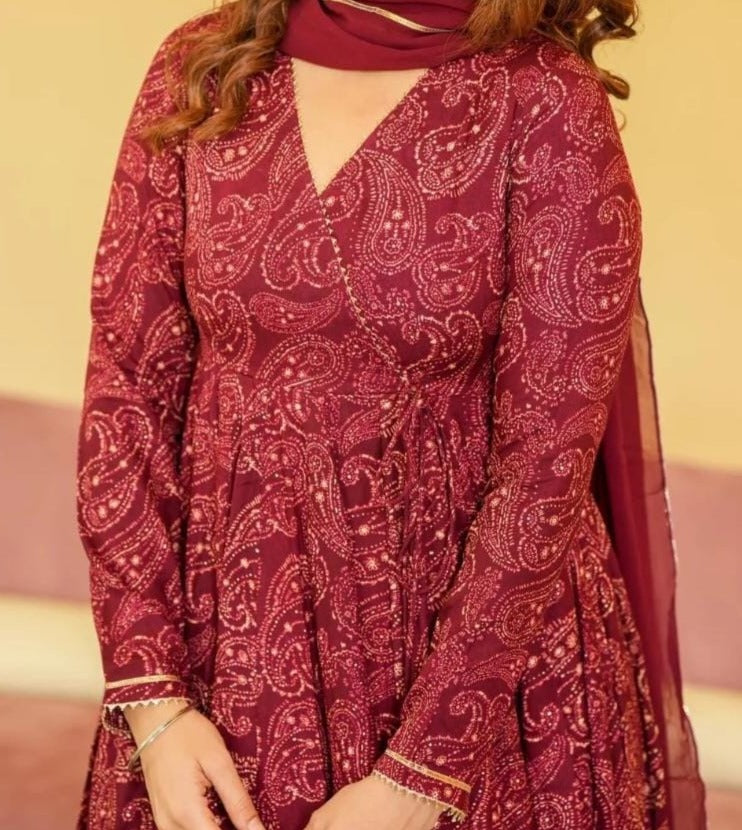 Designer Maroon Jaipuri Anarkali Kurti Set