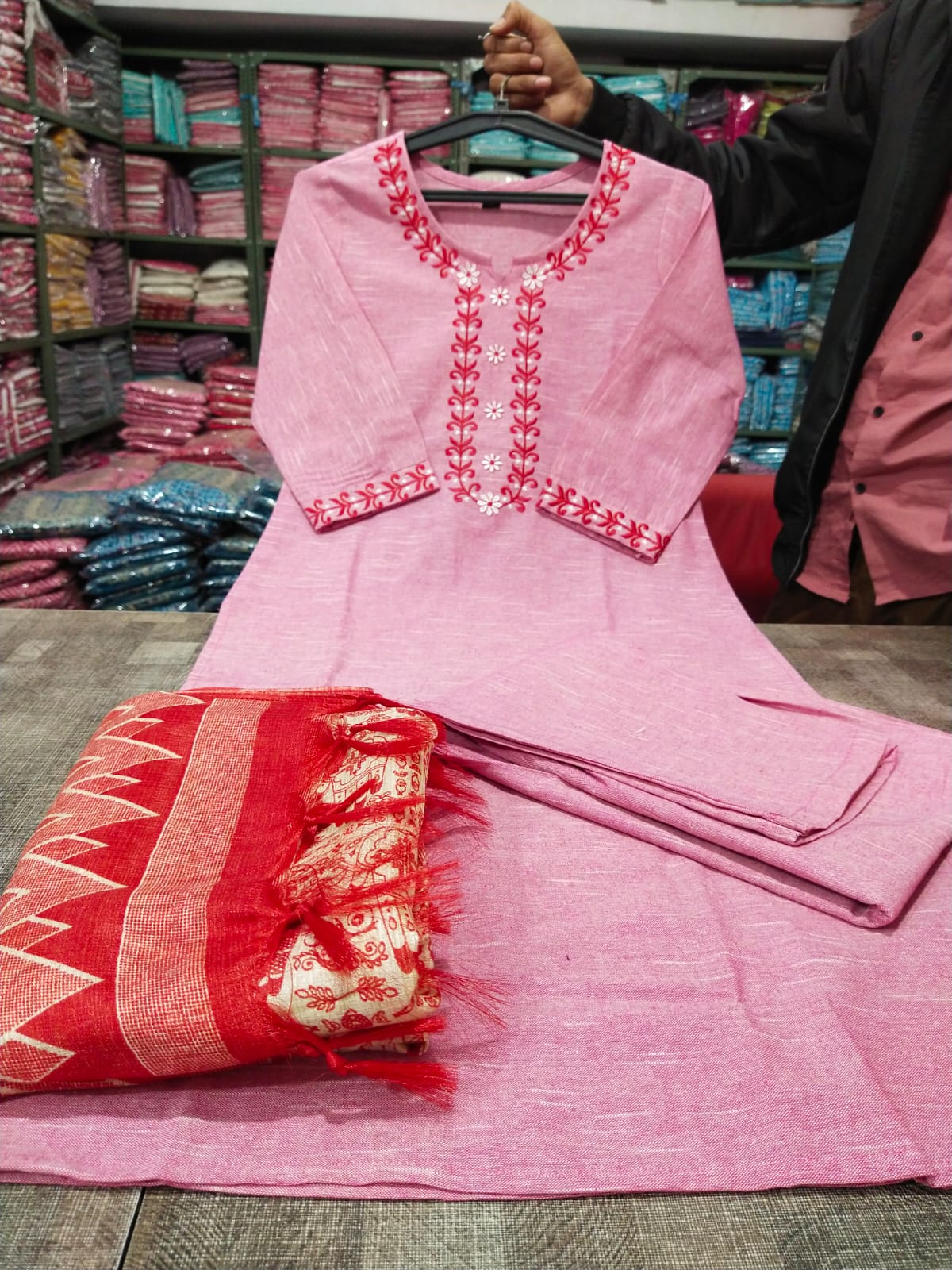 Glorious Khadi Cotton Kurti Set(Approaching Pink)