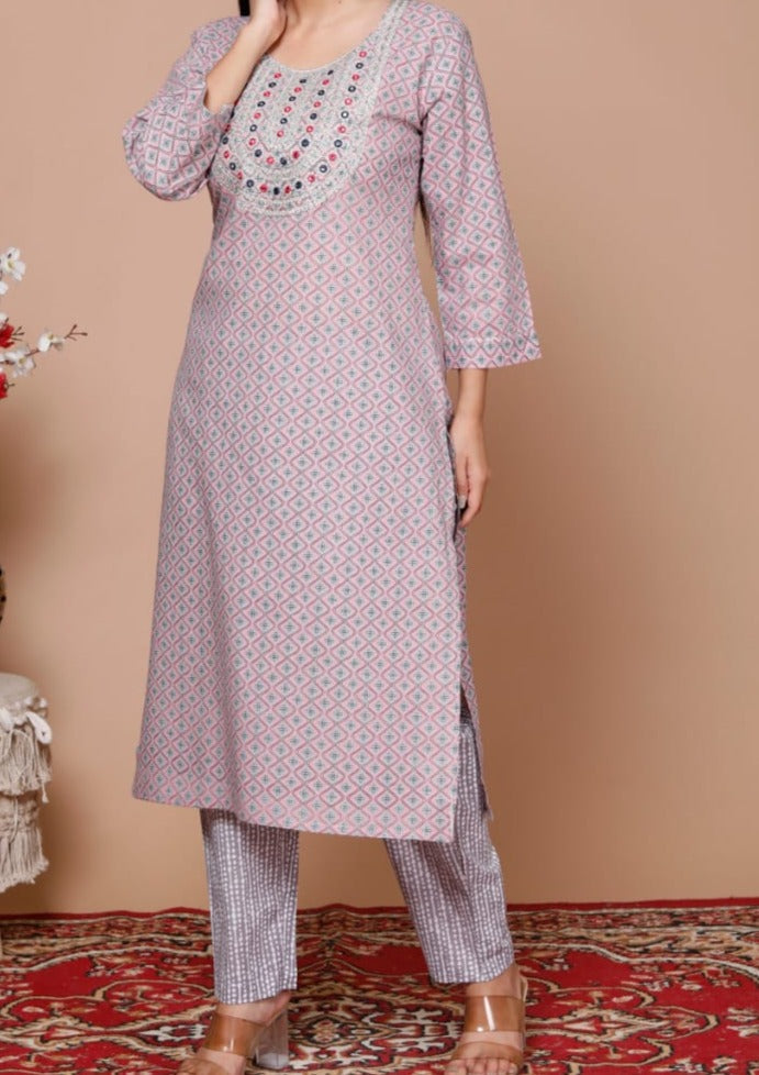 Grey Embroidered Straight Kurti Set