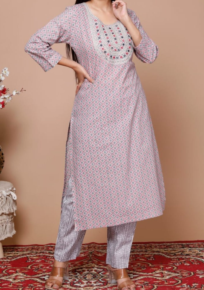 Grey Embroidered Straight Kurti Set