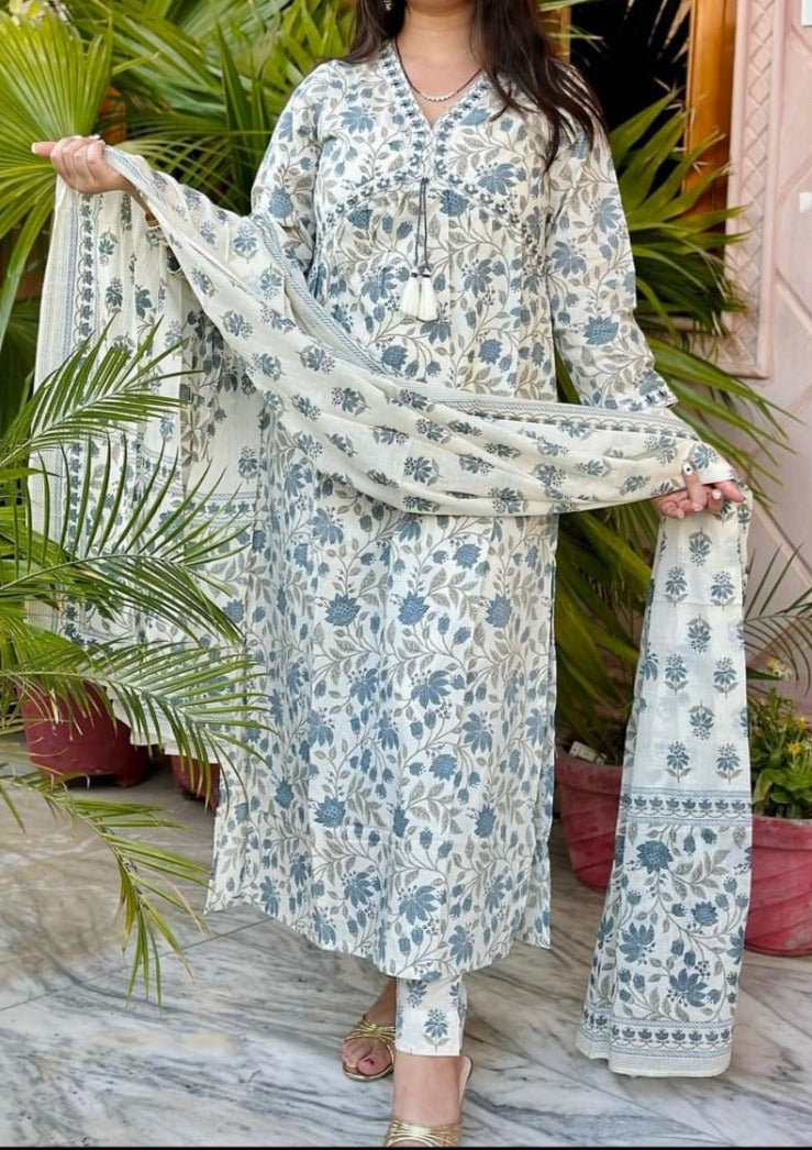 White Teal Printed Naira Cut Kurti Set