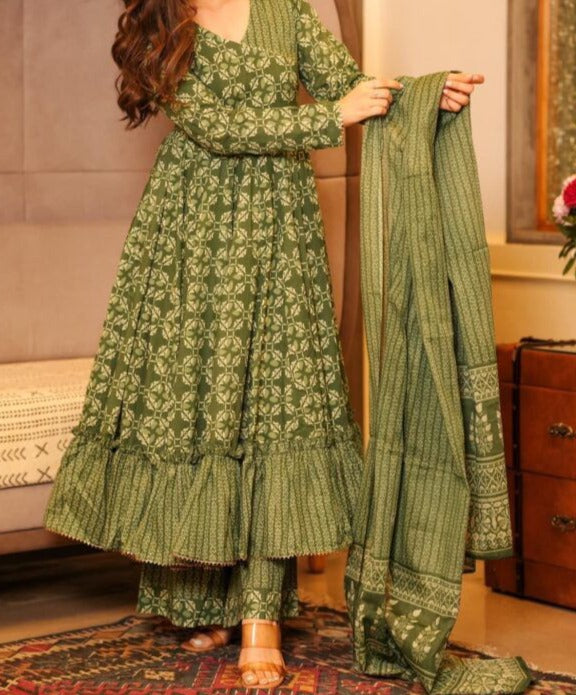 Olive Green Jaipuri Anarkali Kurti set .