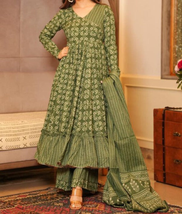 Olive Green Jaipuri Anarkali Kurti set .