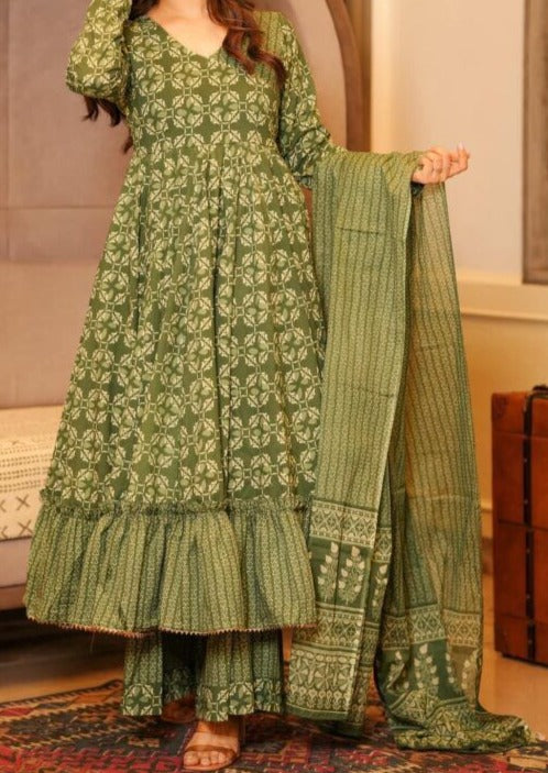 Olive Green Jaipuri Anarkali Kurti set .