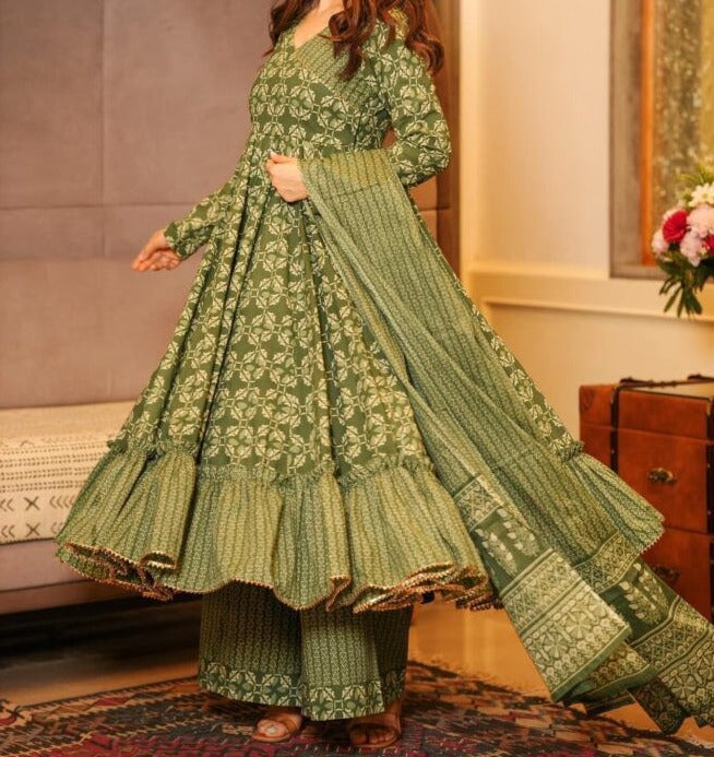 Olive Green Jaipuri Anarkali Kurti set .