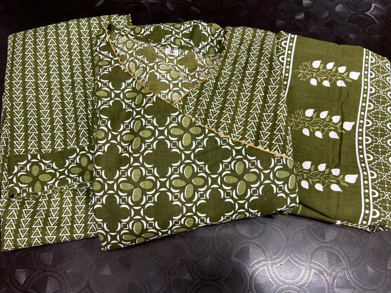 Olive Green Jaipuri Anarkali Kurti set .