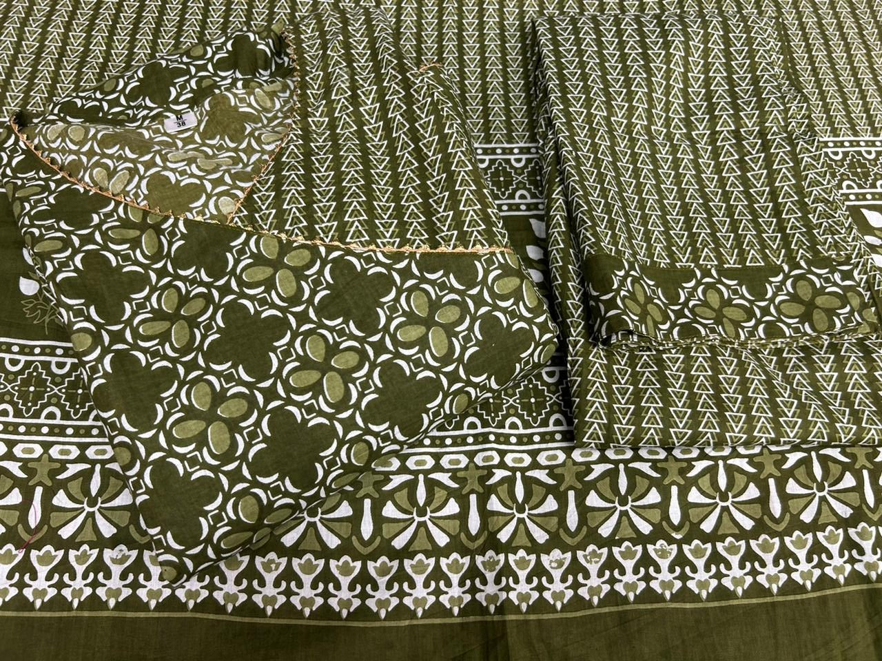 Olive Green Jaipuri Anarkali Kurti set .