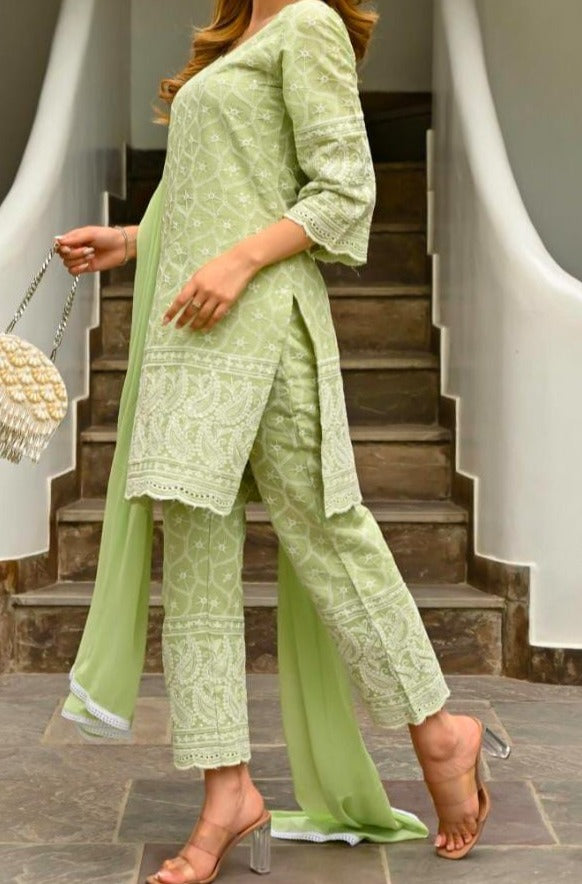 Fresh Mint Chikankari Kurti Set