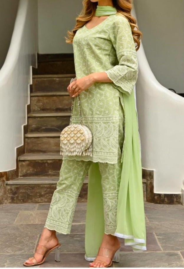 Fresh Mint Chikankari Kurti Set