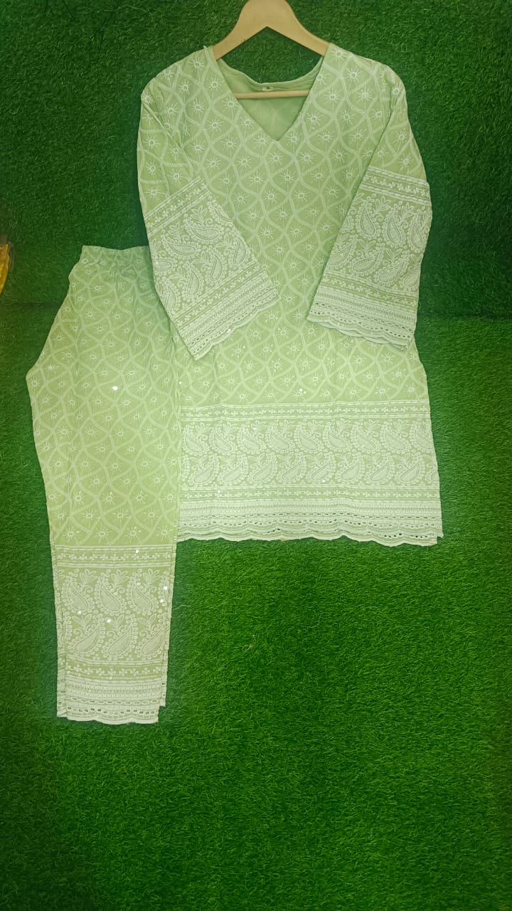 Fresh Mint Chikankari Kurti Set