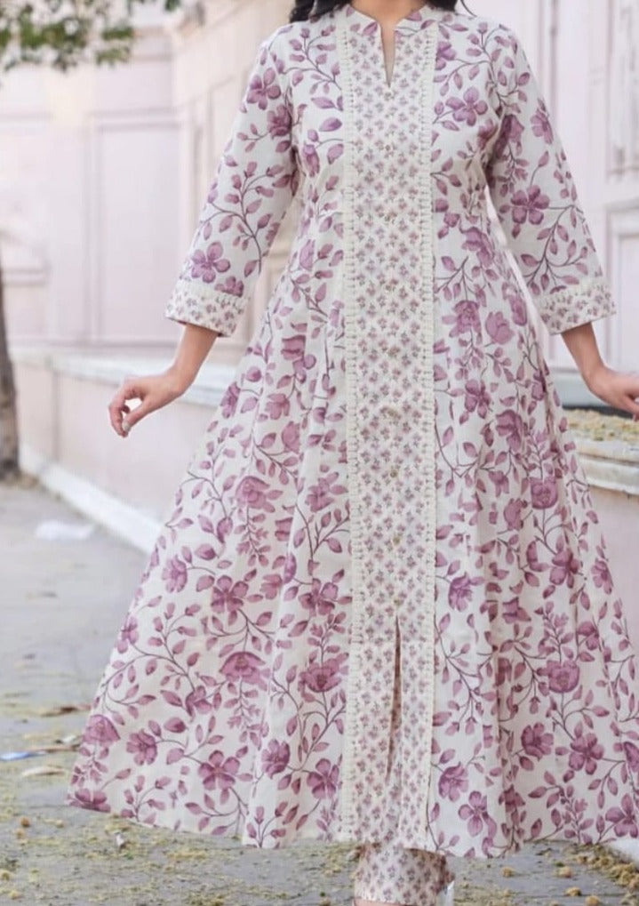 Serenity of Lilac Ivory Anarkali Jaipur Kurti Set