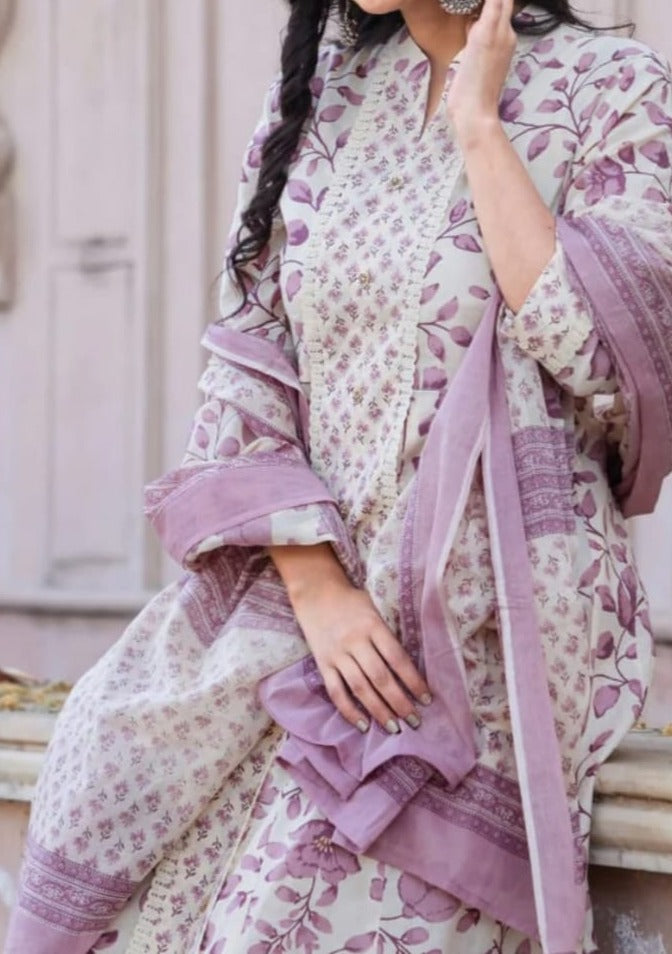 Serenity of Lilac Ivory Anarkali Jaipur Kurti Set