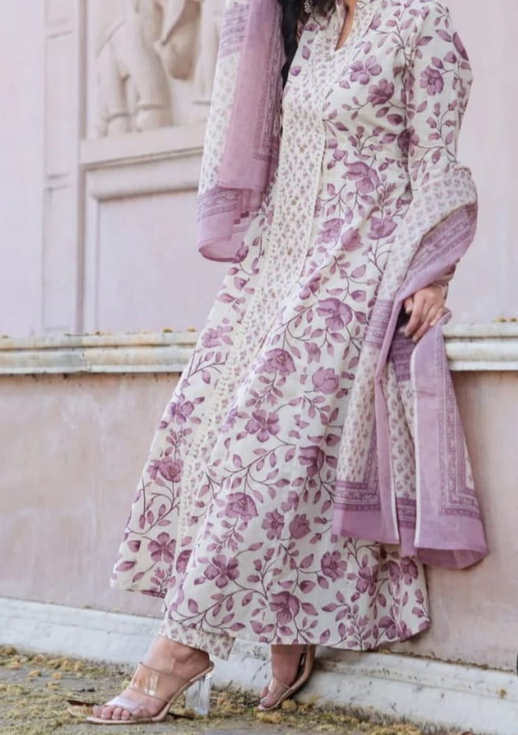 Serenity of Lilac Ivory Anarkali Jaipur Kurti Set