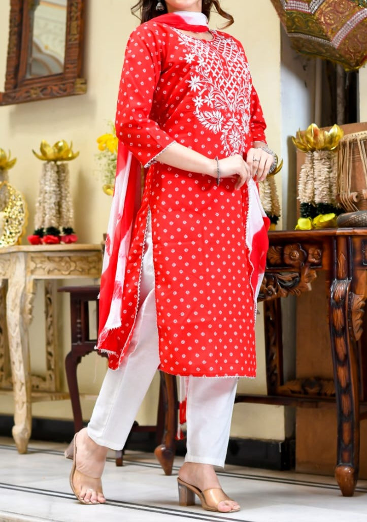 Extreme Red Straight Cut Jaipur Kurti Set