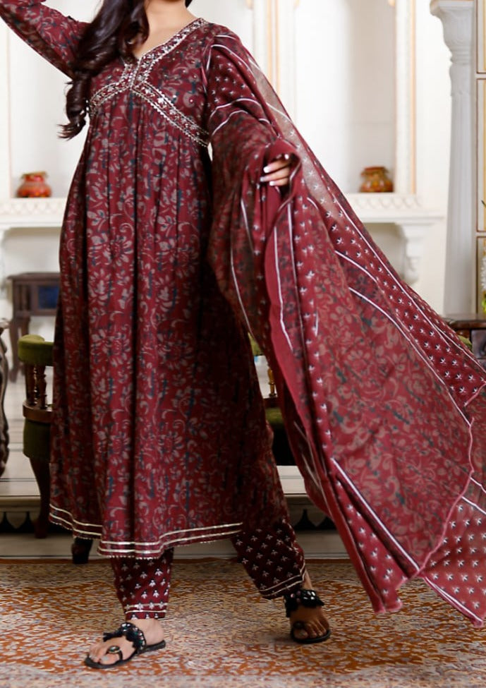 Intense Maroon Anarkali Jaipuri Kurti Set