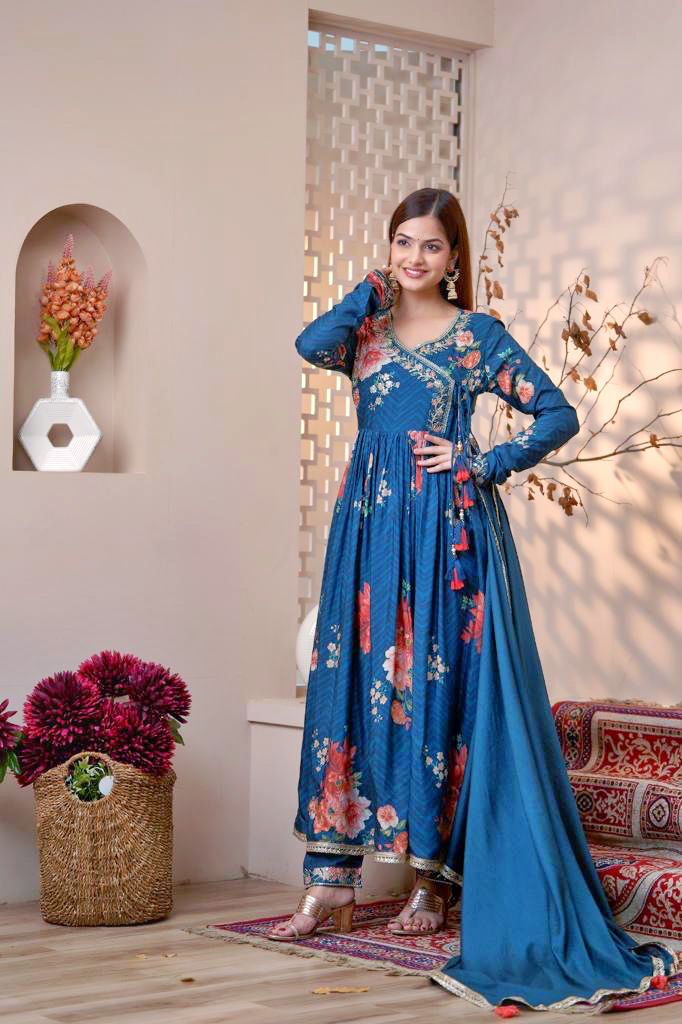 Forever Blue- Anarkali Angrakha Digital Print Kurti Set