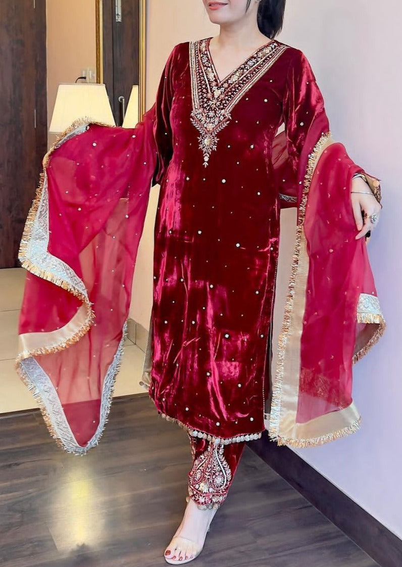 Extra Glitz Of Party- Designer Suit Set (Maroon)