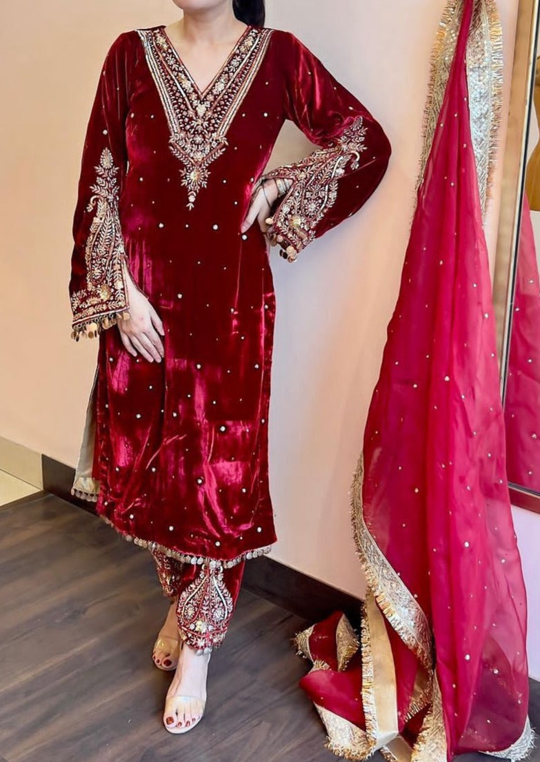 Extra Glitz Of Party- Designer Suit Set (Maroon)