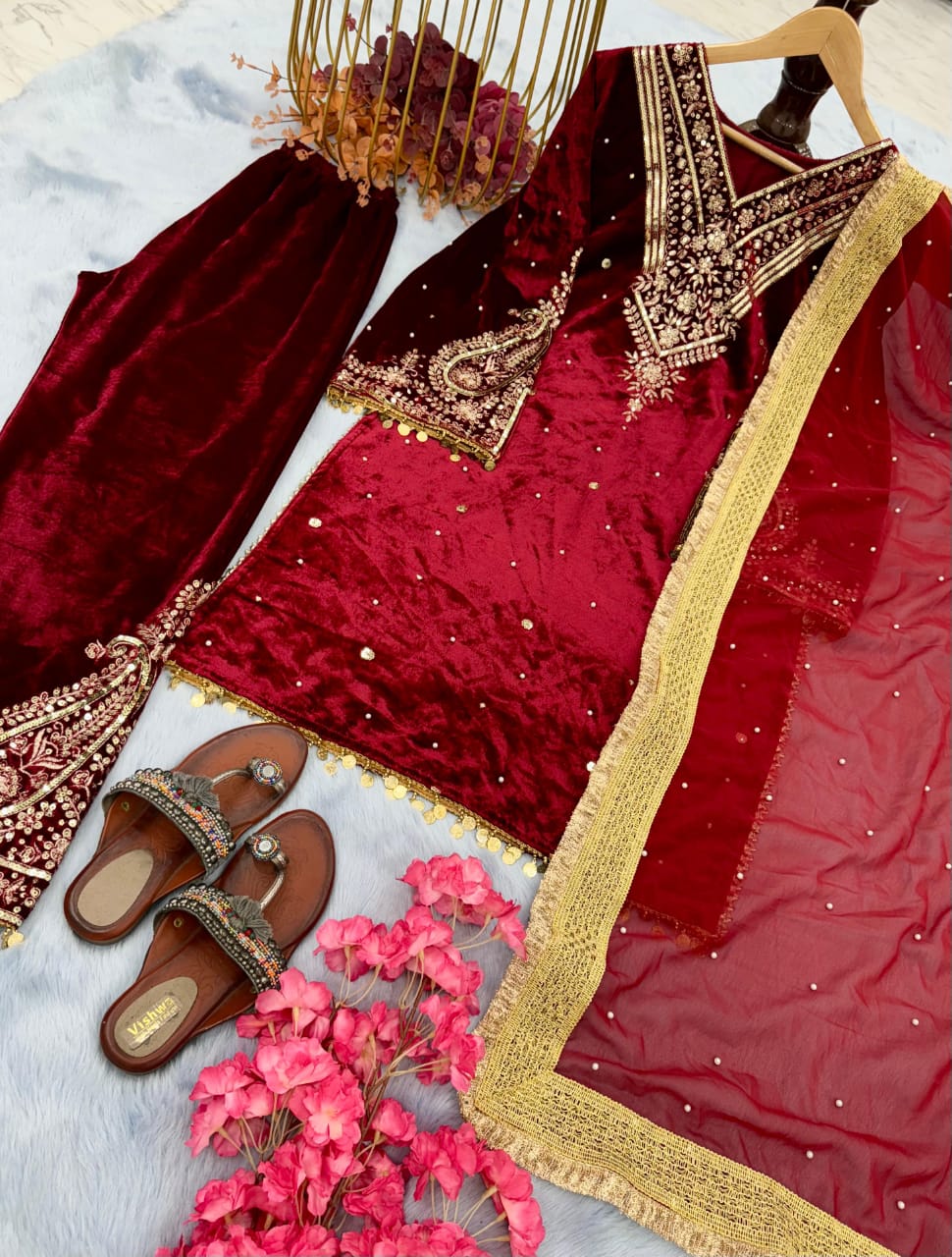 Extra Glitz Of Party- Designer Suit Set (Maroon)