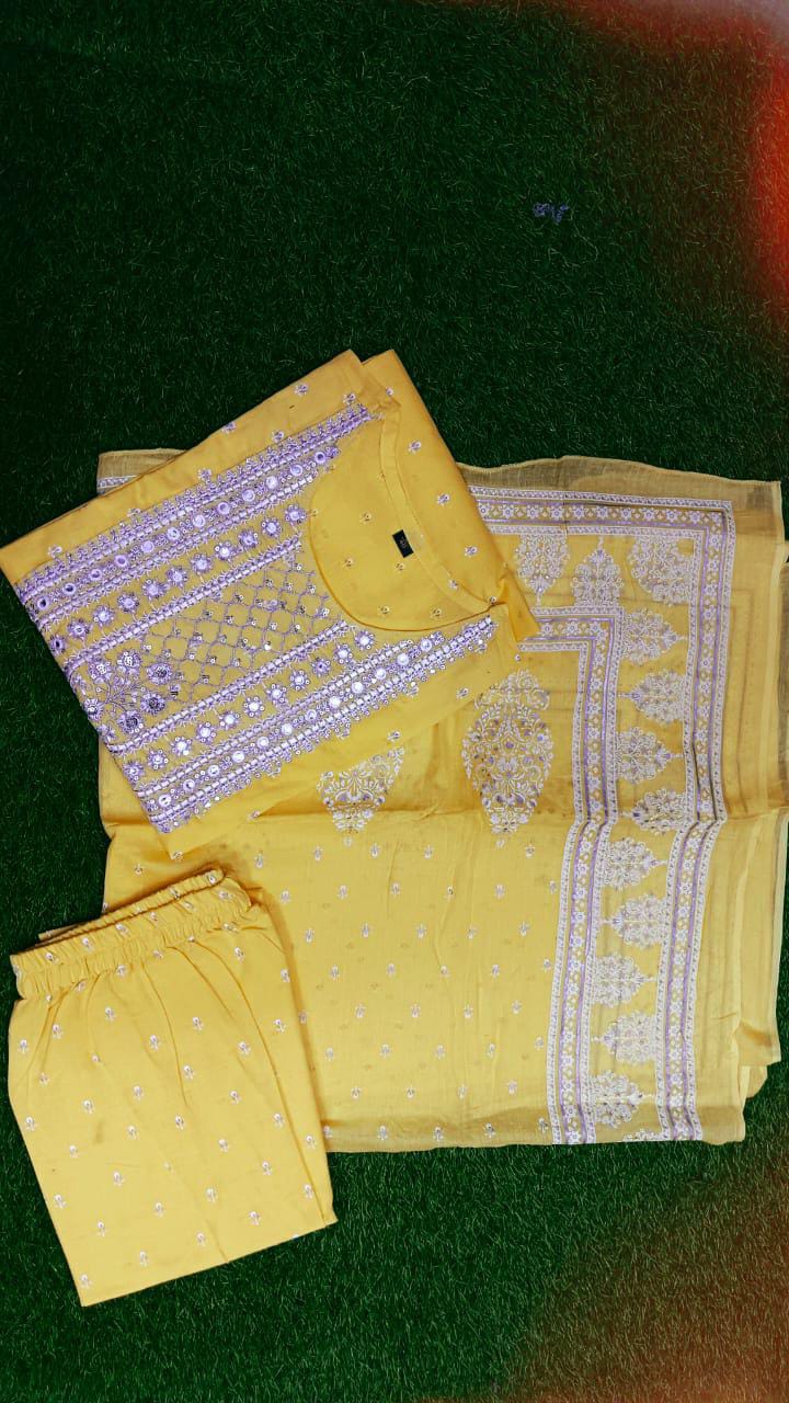 Yellow Embroidered Kurti Pant Dupatta Set