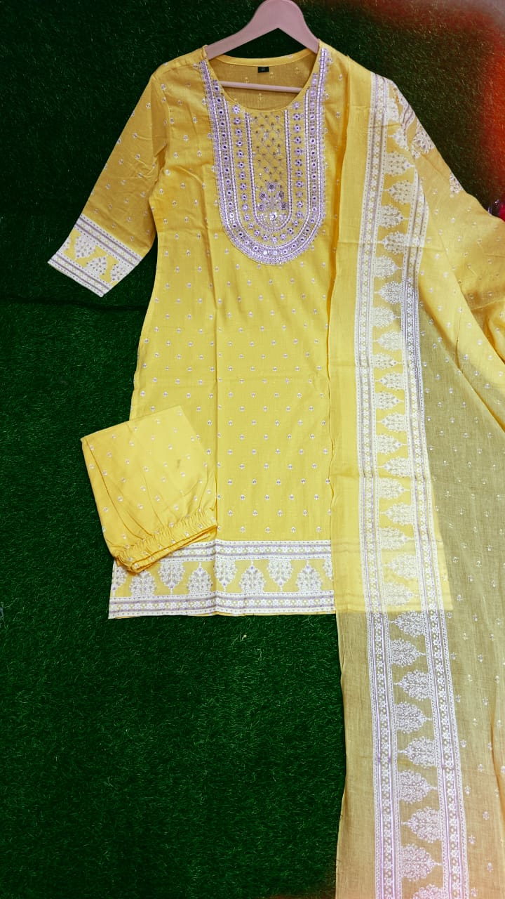 Yellow Embroidered Kurti Pant Dupatta Set